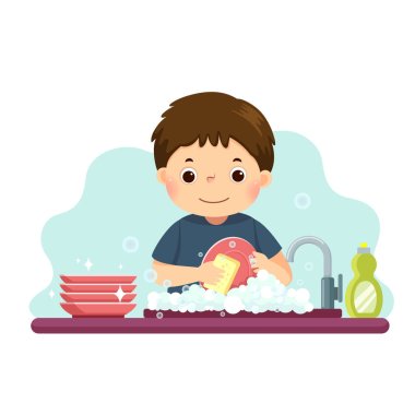 Mutfakta bulaşıkları yıkayan küçük bir çocuğun vektör çizimi. Çocuklar ev işlerinde ev işi yapıyorlar..