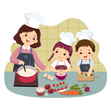 Mutfak tezgahında yemek pişiren anne ve çocukların vektör çizimi. Çocuklar ev işlerinde ev işi yapıyorlar..