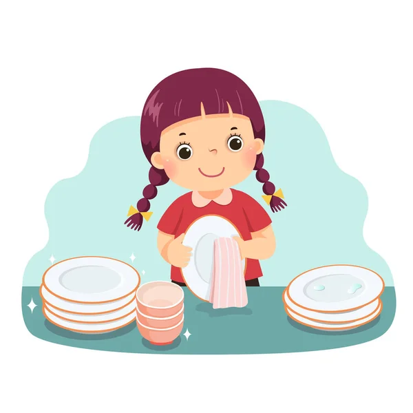 キッチンカウンターで皿を乾かす少女のベクトルイラスト漫画 家庭で家事をする子供たち — ストックベクタ