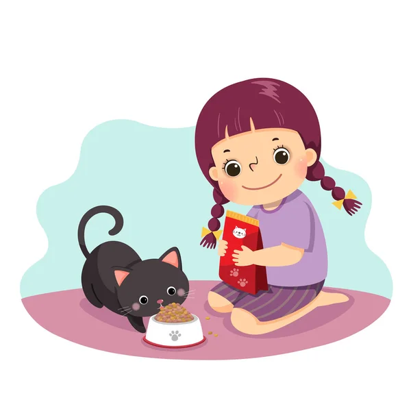 Dibujos Animados Ilustración Vectorial Una Niña Alimentando Gato Casa Niños — Archivo Imágenes Vectoriales
