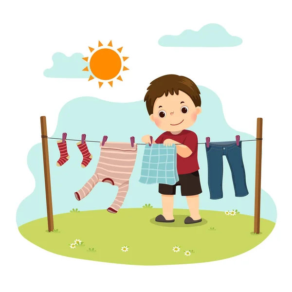 Vector Illustration Cartoon Little Boy Hanging Laundry Backyard Kids Doing — Stock Vector
