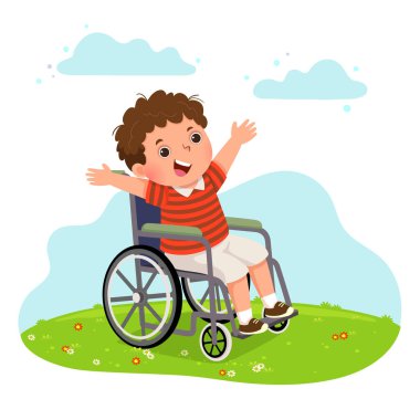 Tekerlekli sandalyedeki mutlu engelli çocuğun temsili. Sağlık sorunları kavramı.