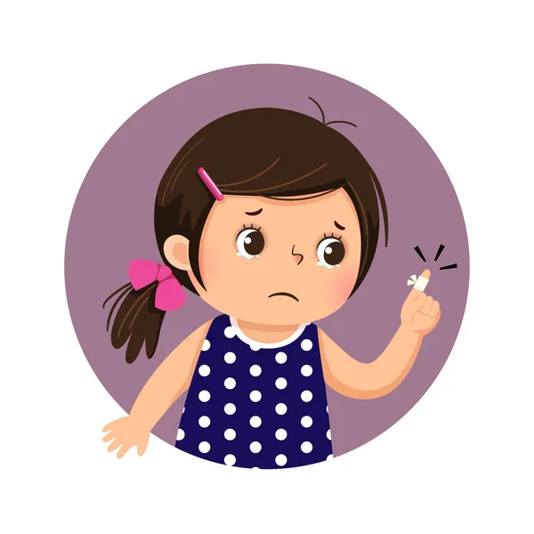 Ilustracja Wektorowa Smutnej Dziewczyny Kreskówki Patrzącej Palec Bandażem Samoprzylepnym Koncepcja — Wektor stockowy