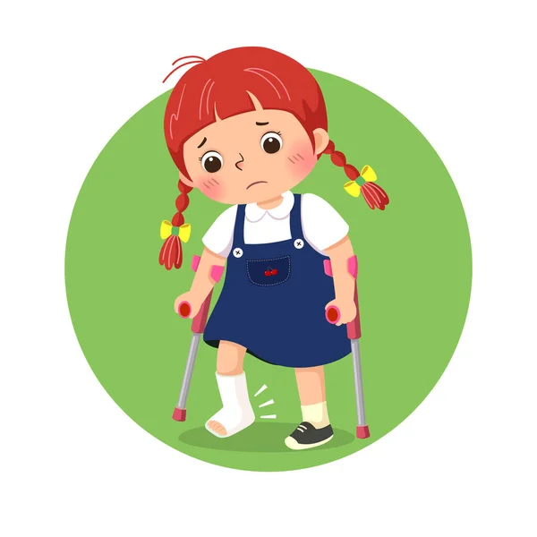 Vector Illustration Little Girl Broken Leg Bandage Cast Walking Using — Stock Vector