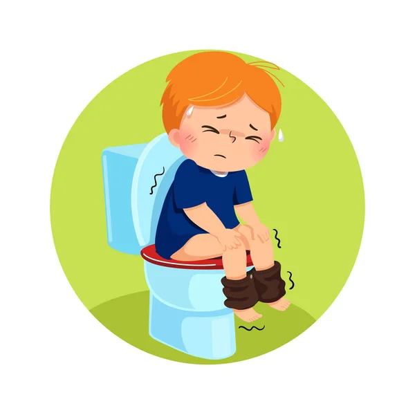 病媒图片上的卡通人物男孩坐在马桶上 患有腹泻或便秘 健康问题概念 — 图库矢量图片
