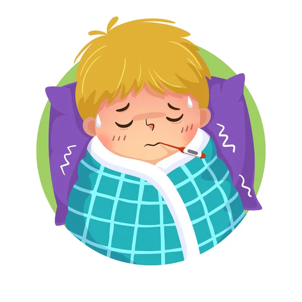 病媒图上的卡通男孩感冒和发烧与温度计在他的嘴在床上的家 健康问题概念 — 图库矢量图片