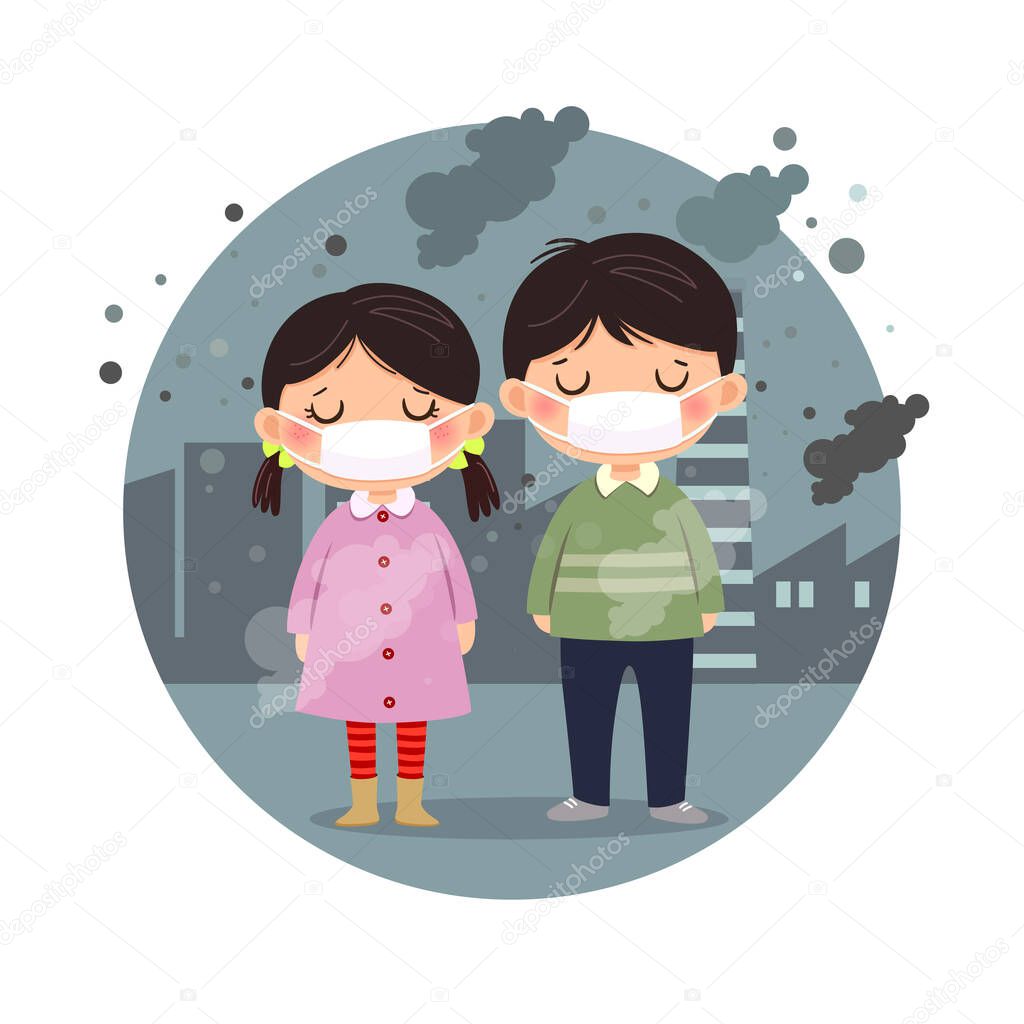 Vector illustration of kids wearing masks against smog in the city. Fine dust, air pollution, industrial smog protection concept.