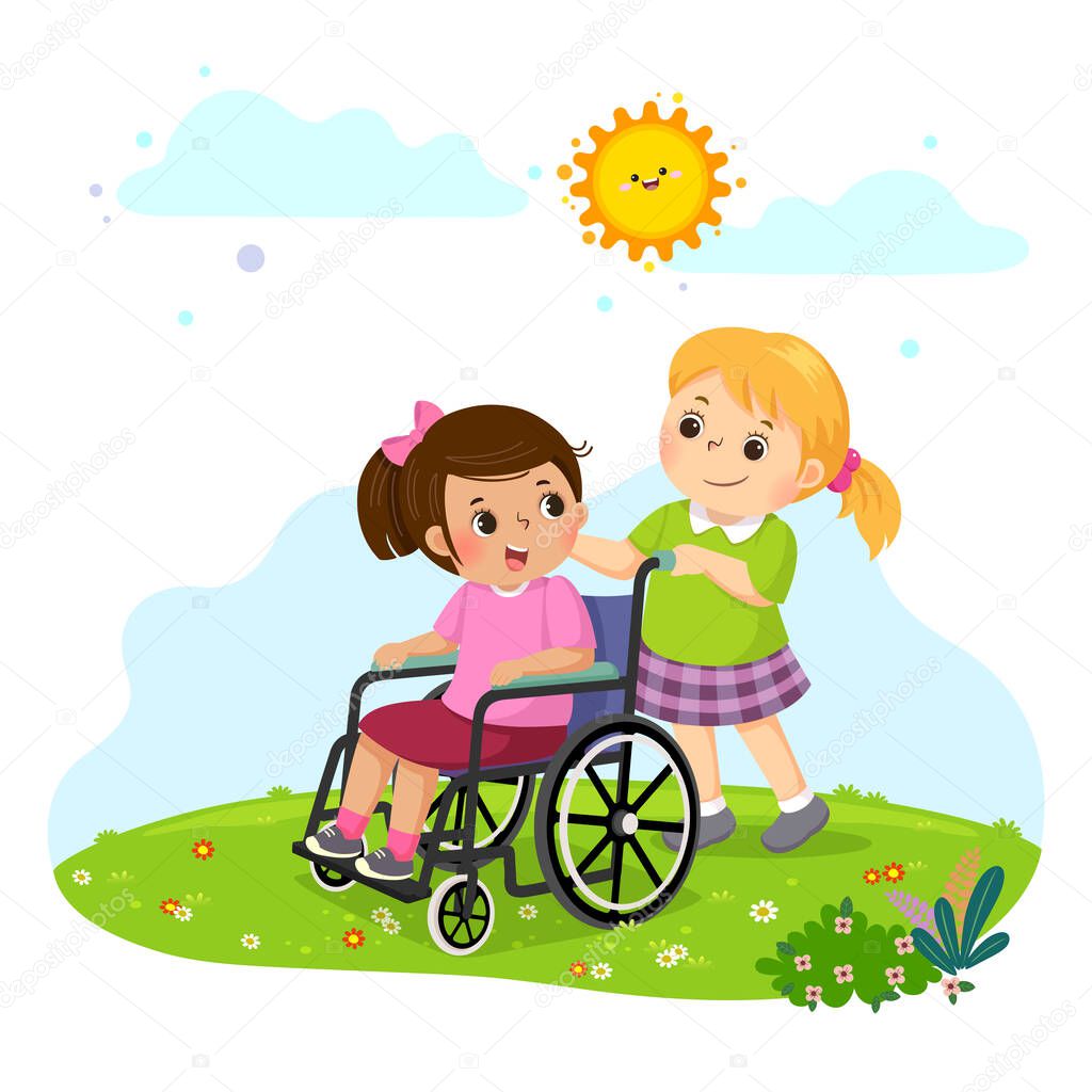 Vector illustration of a little girl pushing her friend in a wheelchair.