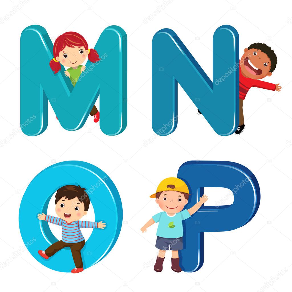 Cartoon kids with MNOP letters