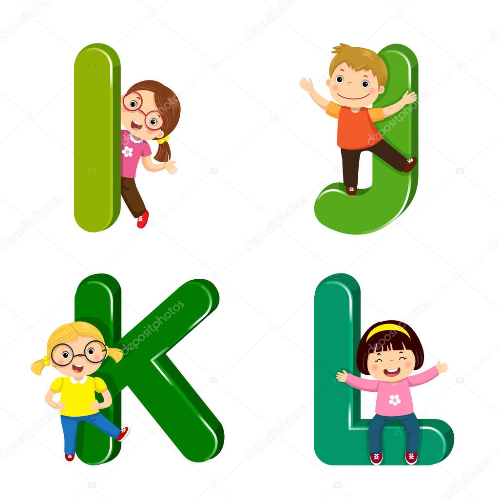 Cartoon kids with IJKL letters