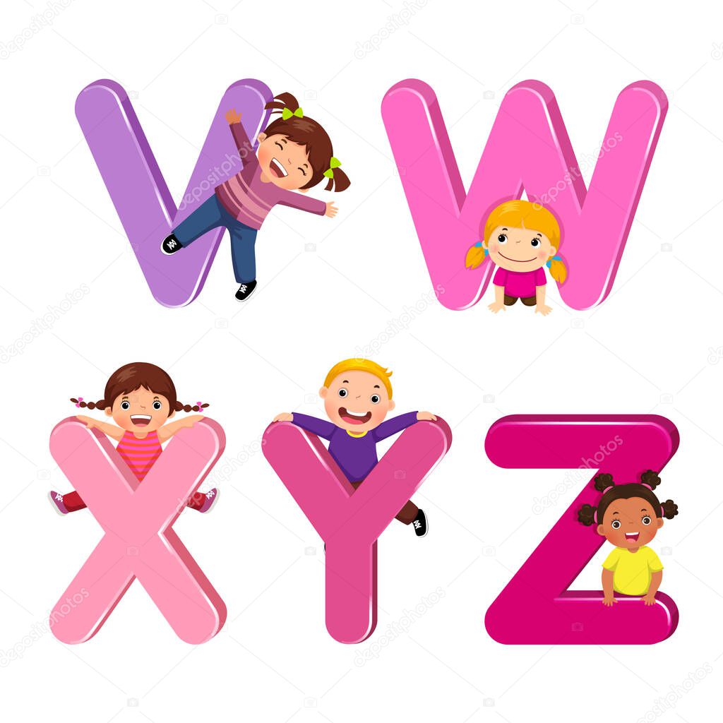 Cartoon kids with VWXYZ letters