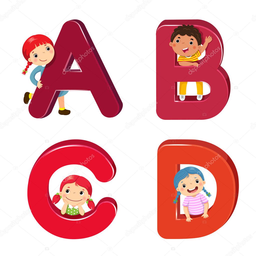 Cartoon kids with ABCD letters