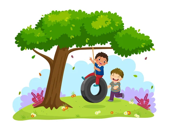 Happy Dua Anak Laki Laki Bermain Ayunan Ban Bawah Pohon - Stok Vektor