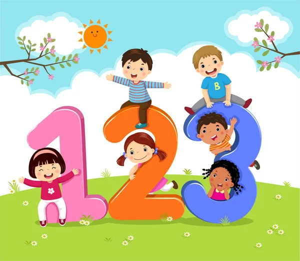 Niños Dibujos Animados Con 123 Números — Vector de stock