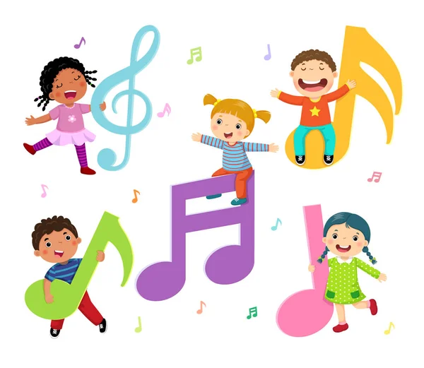 Niños Dibujos Animados Con Notas Musicales — Vector de stock