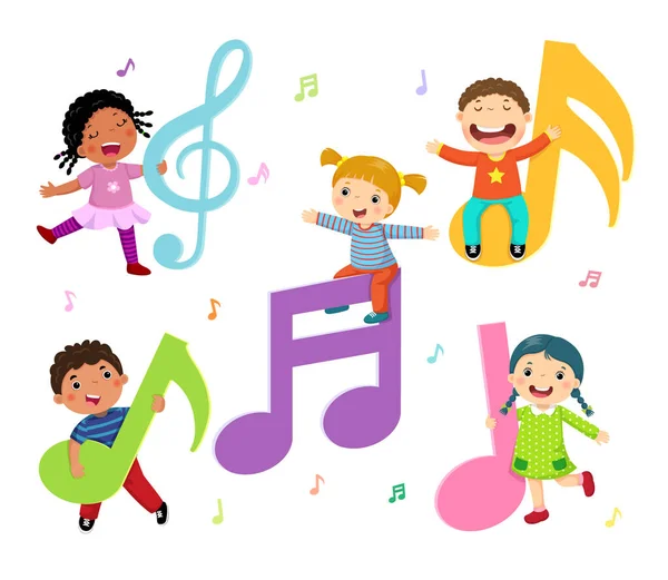 Bambini Del Fumetto Con Note Musicali — Vettoriale Stock