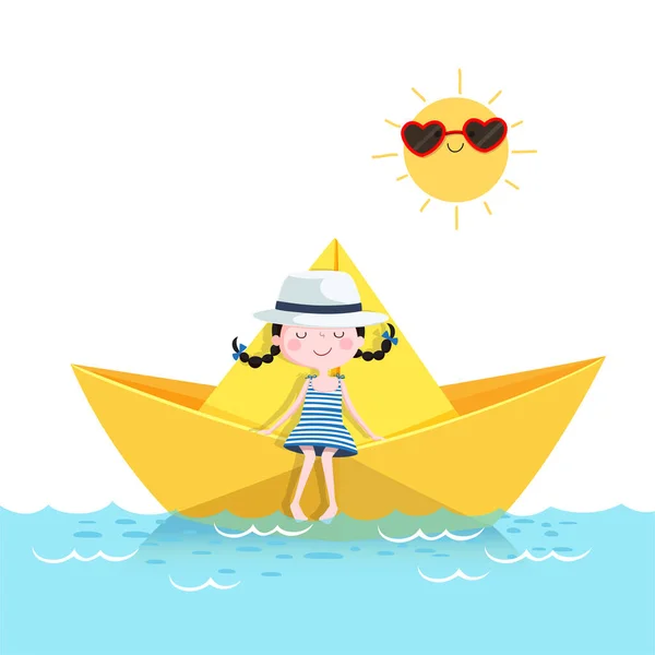 Χαριτωμένο Κορίτσι Χαλαρώνει Μια Χάρτινη Βάρκα Καλοκαιρινές Διακοπές — Διανυσματικό Αρχείο
