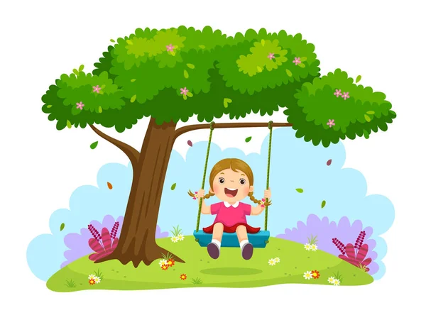 Happy Child Girl Laughing Swinging Swing Tree Stock Illustration