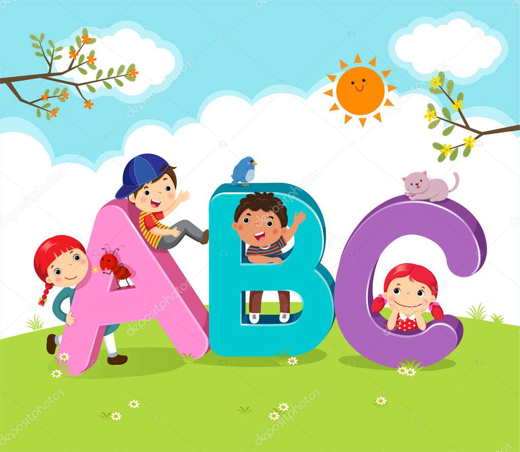 Cartoon kids with ABC letters