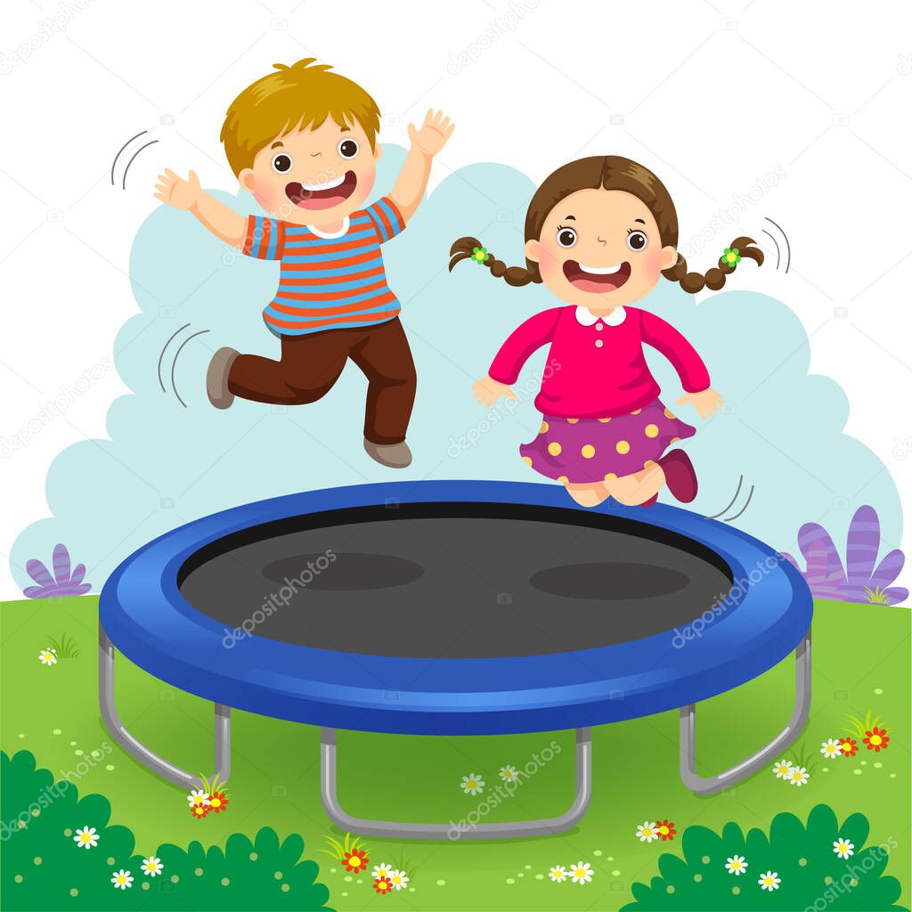 Happy kids jumping on trampoline in the backyard