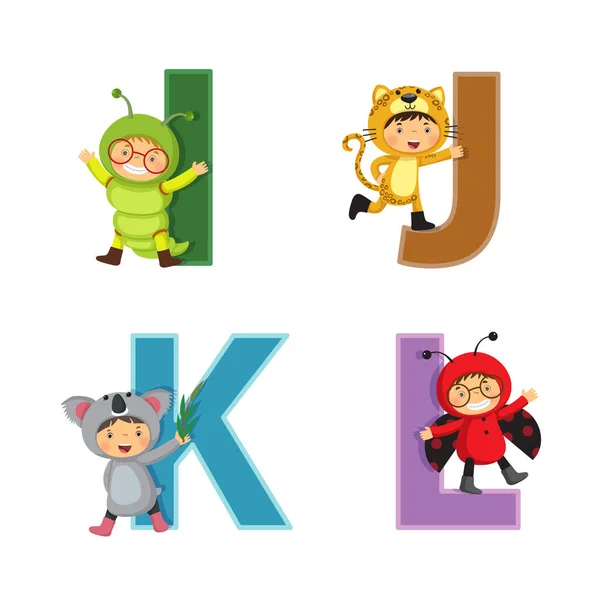 English alphabet with kids in animal costume, I to L letters