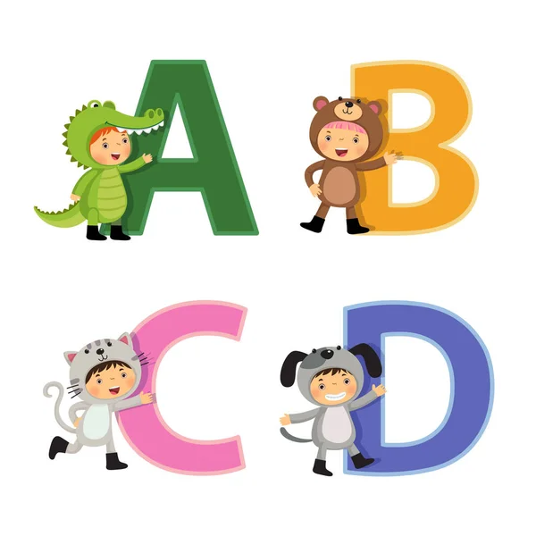 Alfabeto Inglés Con Niños Disfrazados Animales Letras — Vector de stock