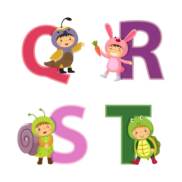 英语字母表 孩子们穿着动物服装 Q到T字母 — 图库矢量图片