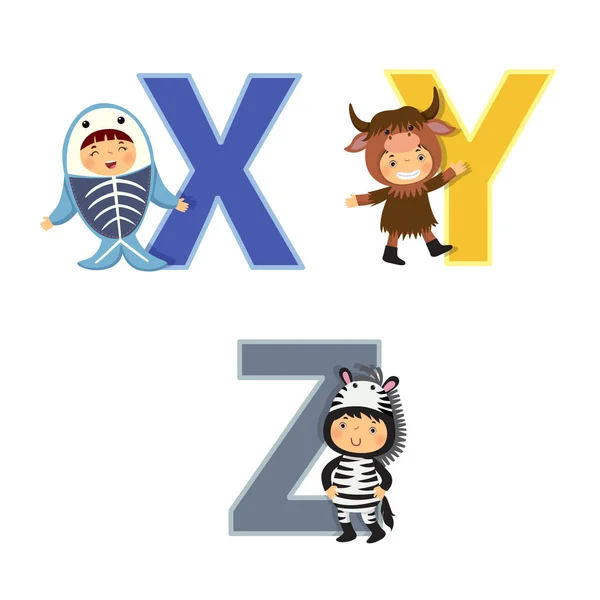 動物の衣装の子供と英語のアルファベット XへZ文字 — ストックベクタ