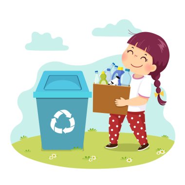 Plastik şişeleri geri dönüşüm kutusuna koyan küçük bir kızın vektör çizimi. Çocuklar ev işlerinde ev işi yapıyorlar..