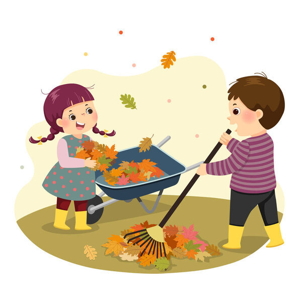 Векторная иллюстрация мультфильма о мальчике и девочке, сгребающих листья. Дети выполняют домашнюю работу по дому концепции.