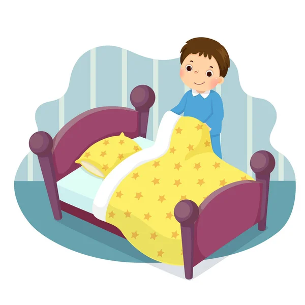 Vector Illustration Cartoon Little Boy Making Bed Kids Doing Housework — Stock Vector