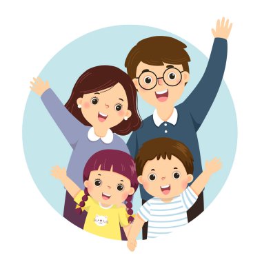Dört mutlu aile üyesinin portresinin vektör çizimi el kaldırıyor. Çocuklu aileler.