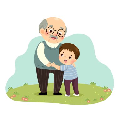 Parkta büyükbabasına sarılan küçük bir çocuğun vektör çizimi..