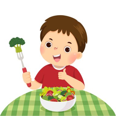 Küçük bir çocuğun taze sebze salatası yerken ve baş parmak işareti gösterirken ki vektör çizimi..
