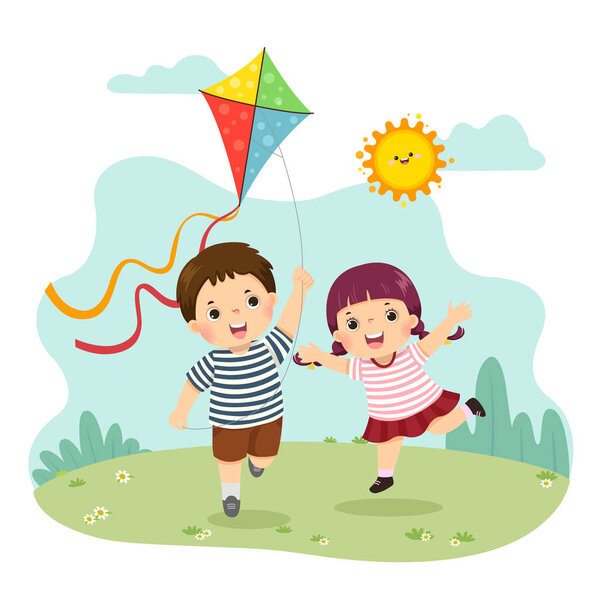 Векторная иллюстрация рисунка маленького мальчика и девочки, запускающих воздушного змея. Братья и сёстры играют вместе.