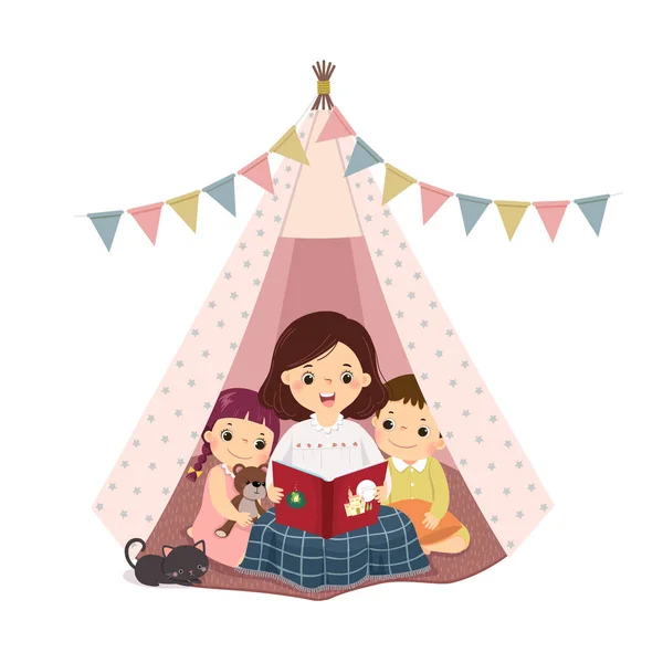 Vector Illustration Cartoon Mother Reading Book Telling Story Son Daughter — Stock Vector