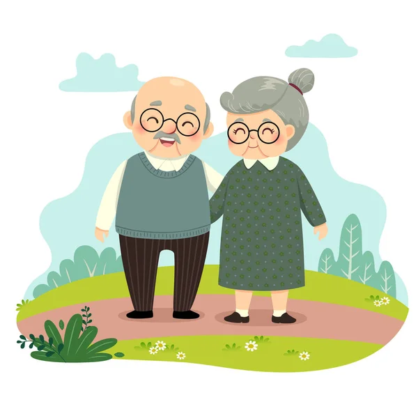 Vector Illustration Cartoon Elderly Couple Standing Holding Hands Park Happy — Stock Vector