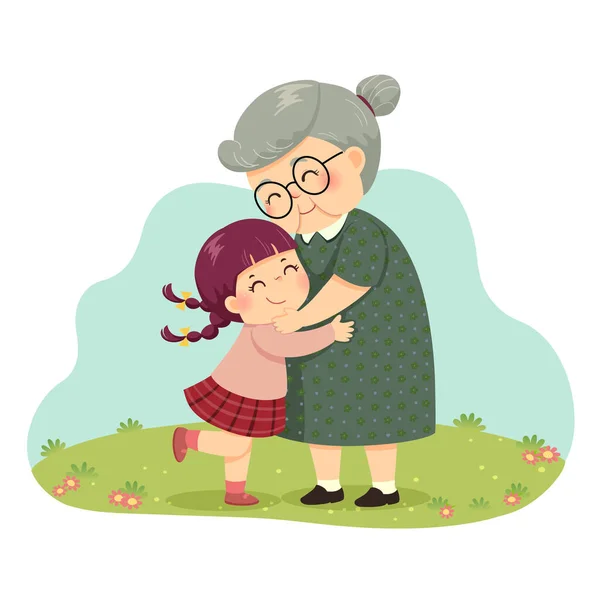 Desenho Animado Ilustração Vetorial Uma Menina Abraçando Sua Avó Parque —  Vetores de Stock
