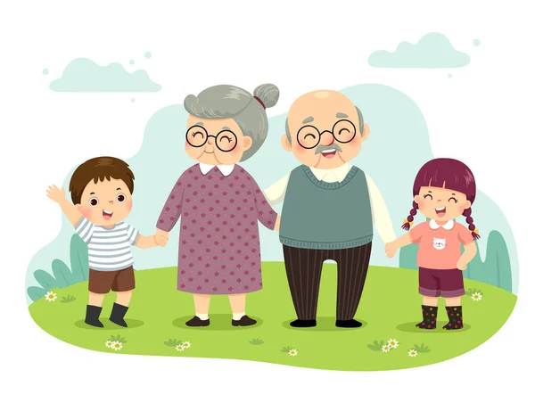 Dibujos Animados Ilustración Vectorial Abuelos Nietos Pie Tomados Mano Parque — Vector de stock