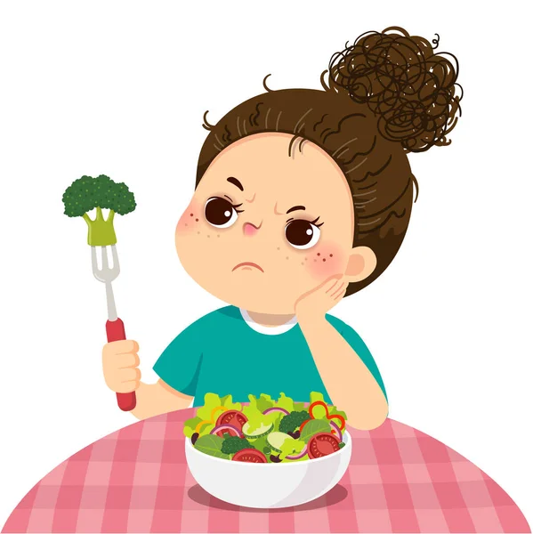 Vector Illustration Cartoon Unhappy Girl Does Want Eat Fresh Vegetable — Stock Vector