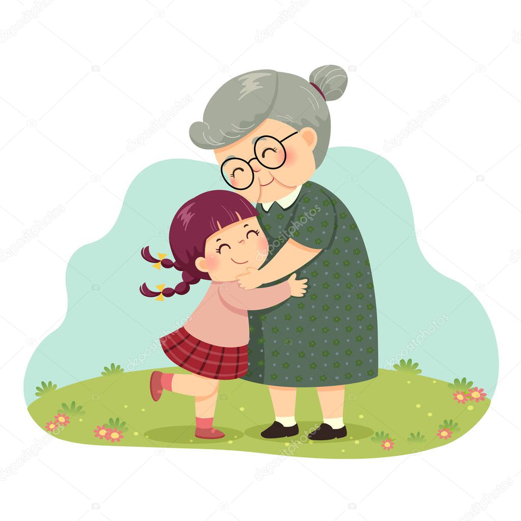 Vector illustration cartoon of a little girl hugging her grandmother in the park.