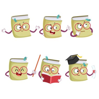 Farklı pozlarda ve duygularda yer alan mutlu çizgi roman maskotu karakterlerinin vektör çizimi.