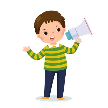 Vector illustration cartoon of a little boy shouting by megaphone and showing his hand. clipart