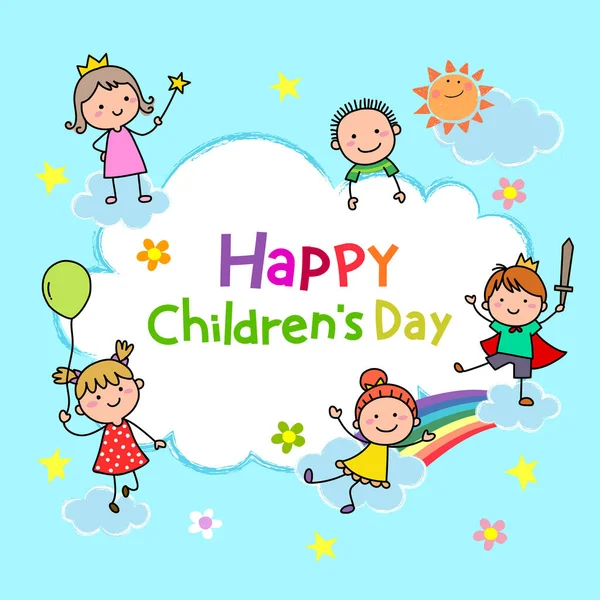 Ручные Рисованные Мультяшные Дети Играют Вместе Небе Happy Children Day — стоковый вектор
