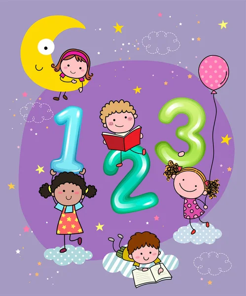 夜に空に手描きの子供たちと123の数字のベクトル図 — ストックベクタ