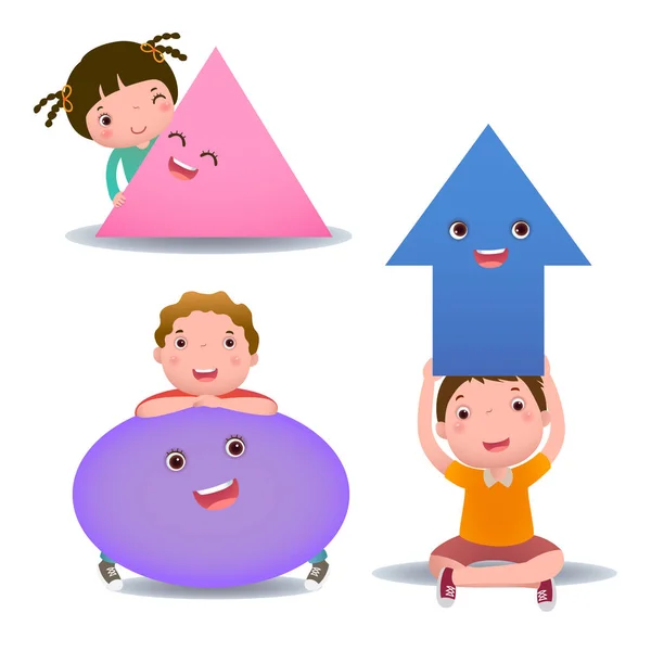 Leuke Kleine Cartoon Kinderen Met Basisvormen Ellips Pijl Driehoek — Stockvector