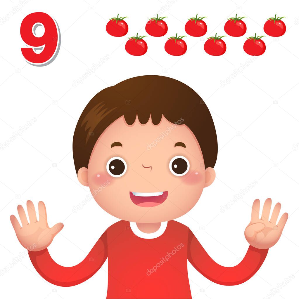 Learn number and counting with kids hand showing the number nine