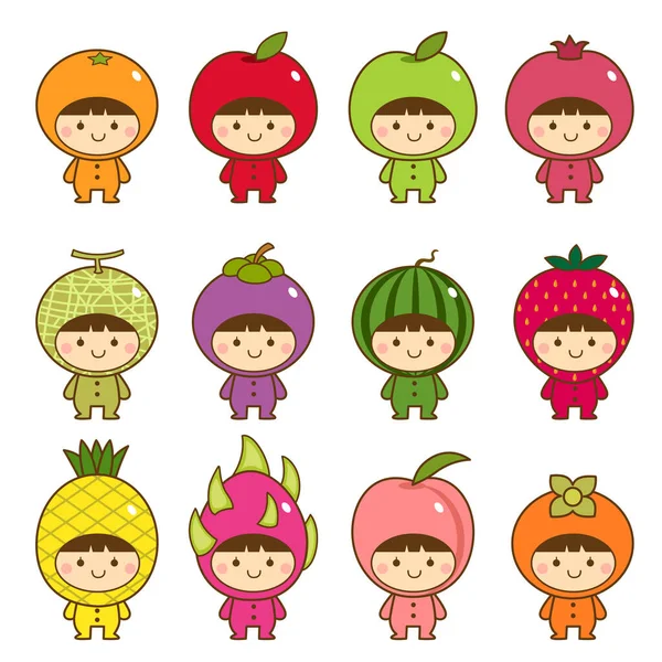 Sada Dětí Roztomilých Ovocných Kostýmech — Stockový vektor