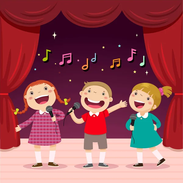 Les Enfants Chantent Avec Microphone Sur Scène — Image vectorielle