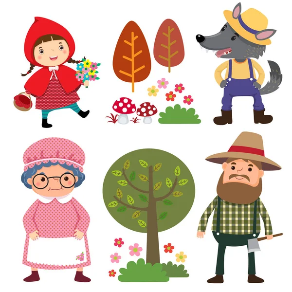 Conjunto Personajes Del Cuento Hadas Caperucita Roja — Vector de stock